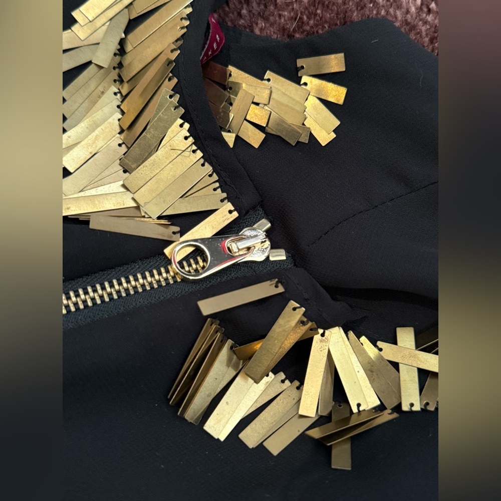 $440 TED BAKER Gold Sequin Embellished Metal Paillettes Little Black Dress Small - Picture 7 of 13